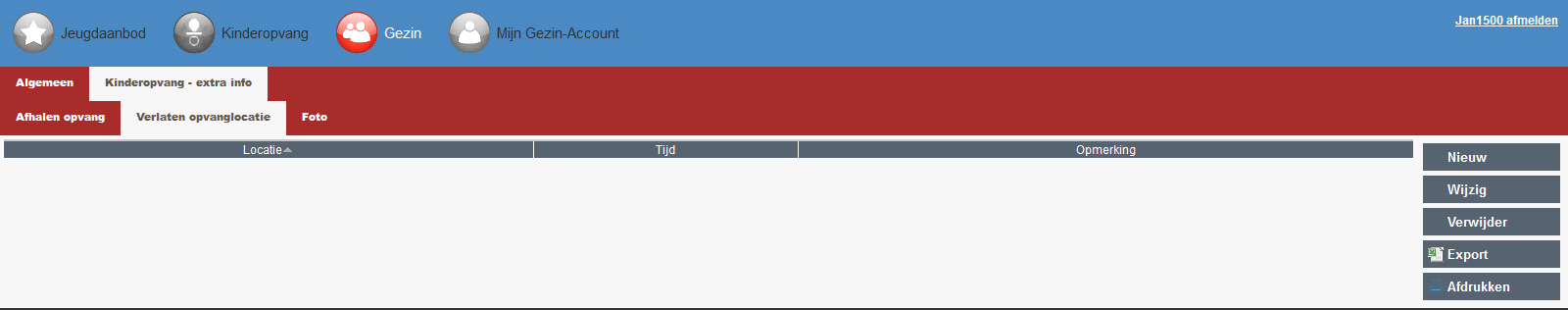 Onder het tabblad Verlaten opvanglocatie vul je in als je kind bijvoorbeeld de opvang verlaat om naar de dictie te gaan. Vul dan ook in wie je kind afhaalt en terugbrengt. Gebruik de n-knop nieuw.