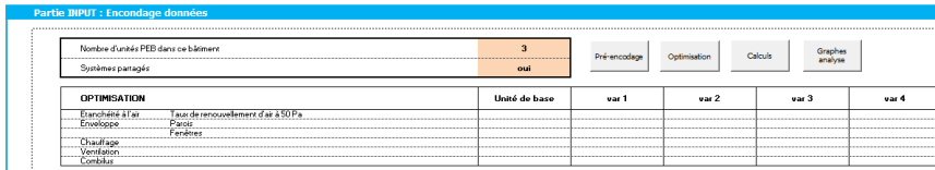 Voorstelling tab gevallen : de input 2 invoermogelijkheden: «Gedetailleerd»: We voeren alle parameters die we wensen in = cellen rood + blauw +/-60% van de gevraagde gegevens in de officiële software