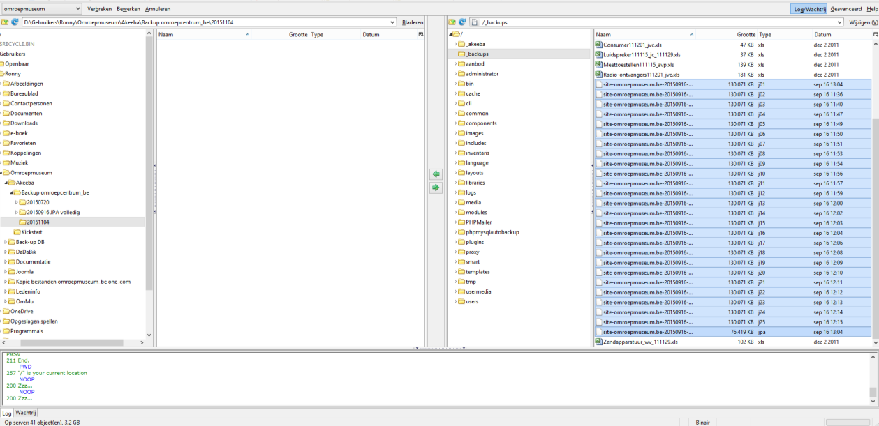 Ga naar _backups en selecteer alle bestanden van de back-up. Controleer of de modus op Binair staat (onderaan rechts).