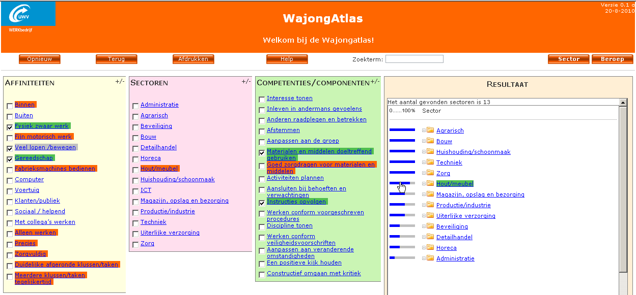 Om te zien hoe het resultaat voldoet aan de opgegeven waarden, kun je met de muis bewegen over het balkje dat voor de sector staat: in beeld verschijnt hoeveel van de aangevinkte affiniteiten en