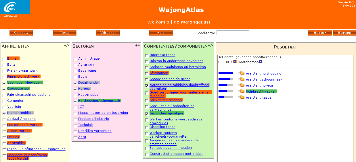 te klikken op het mapje dat voor een Hoofdberoep staat: alle relevante bemiddelingsberoepen bij het Hoofdberoep worden getoond mèt een vermelding van het aantal actuele vacatures op www.werk.