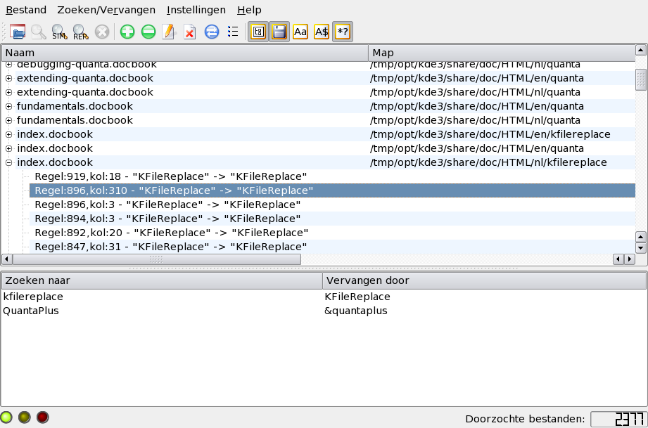 Hoofdstuk 2 KFileReplace gebruiken 2.1 De werkbalk De werkbalk van KFileReplace zou er als volgt uit moeten zien: Op de werkbalk ziet u de knoppen van de belangrijkste functies.