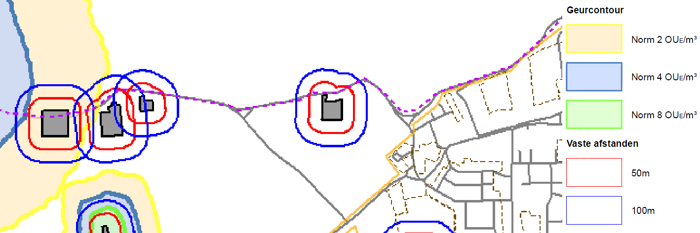 Indicatieve geurcontouren en vaste afstanden gemeente Buren (plangebied nabij groene pijl) Het plangebied is aangewezen als geuroverlastgevend.