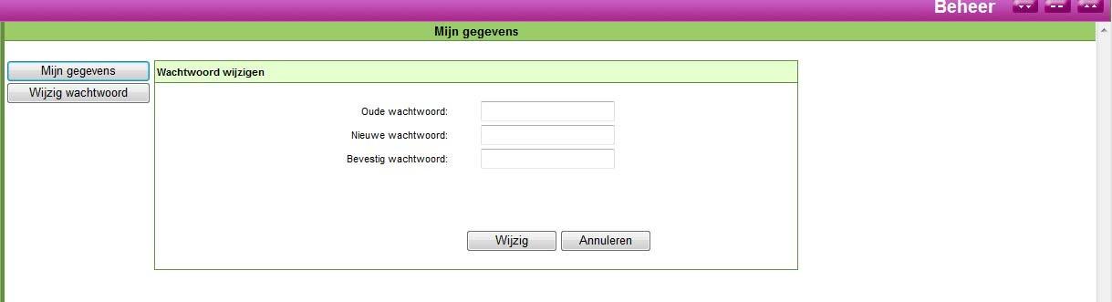 U krijgt het onderstaande scherm te zien. Typ hier eerst uw oude wachtwoord en daarna 2 keer het nieuwe wachtwoord.