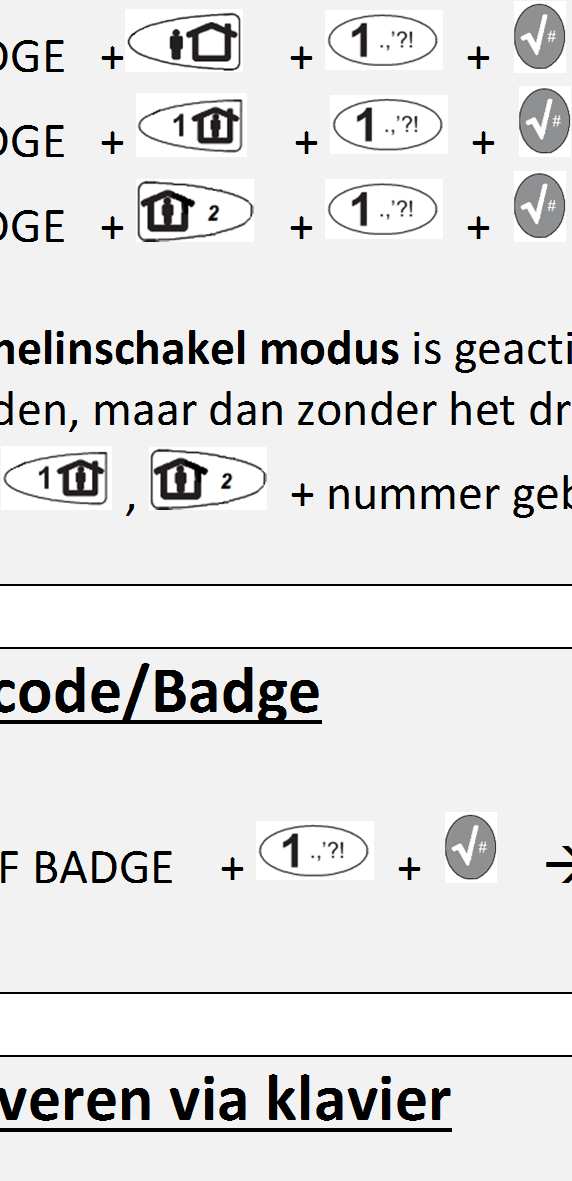 Inschakelen met code/badge - CODE OF BADGE Volledig IN gebied 1 - CODE OF BADGE Gedeeltelijk IN 1 gebied 1 - CODE OF BADGE Gedeeltelijk IN 2 gebied 1 Opm: Indien de functie snelinschakel modus is