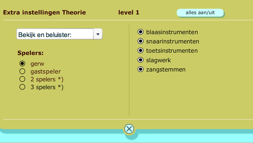 Instrumenten Je hoort een instrument; luister goed. Klik op het knipperend bolletje bij welk instrument je denkt dat je hoorde (of typ 1,2,of 3 op je toetsenbord).