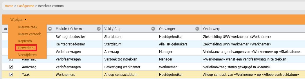 Bewerken van bestaande notificaties Selecteer de notificatie die je wilt aanpassen en ga via het menu Wijzigen naar de optie Bewerken.