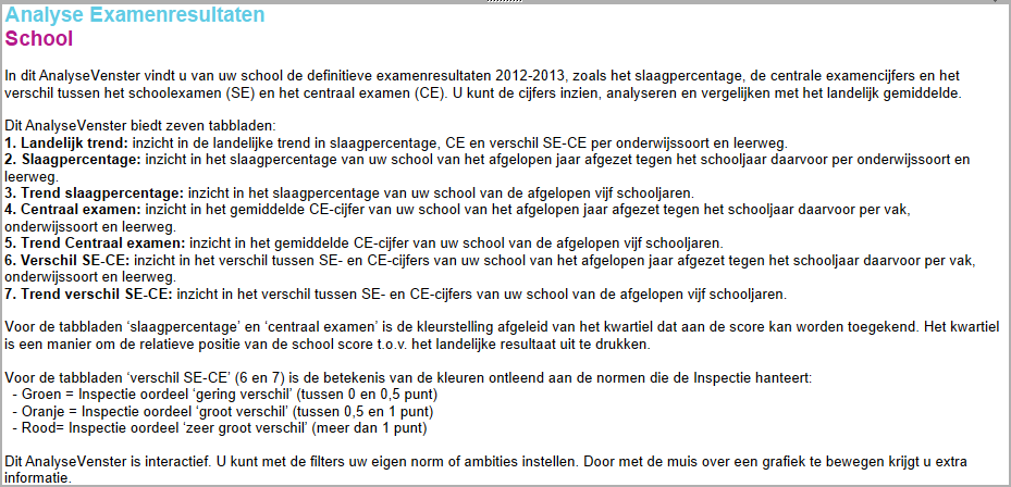 3.3 AnalyseVenster Examenresultaten School In dit AnalyseVenster vindt u van uw school de definitieve examenresultaten 2012-2013, waaronder het slaagpercentage, de centrale examencijfers en het