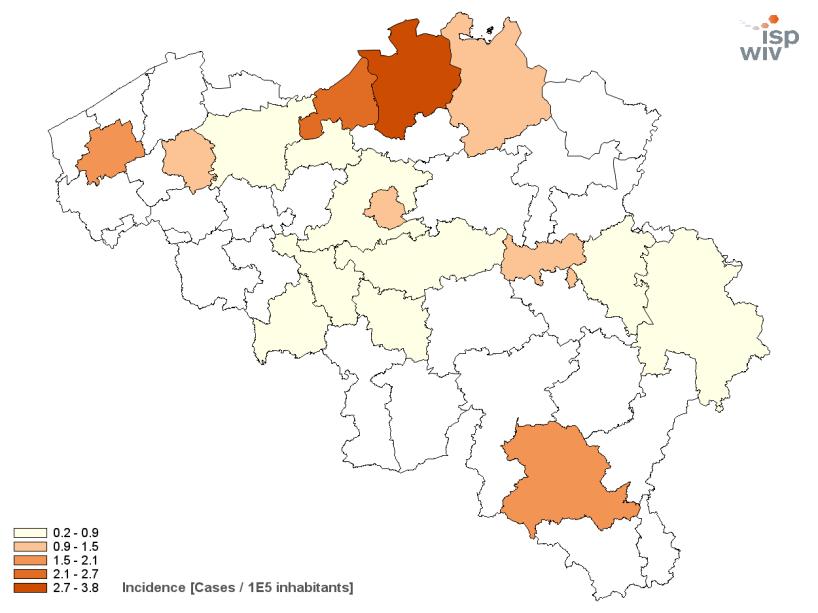 Tabel 2 Incidentie en aantal gevallen van mazelen per jaar tussen 211 en 214, in België.