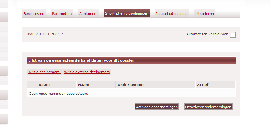 De tabbladen parameters en aankopers zijn analoog aan de e-tendering voor de gewone procedures. U merkt ook de tabbladen shortlist en uitnodigingen.