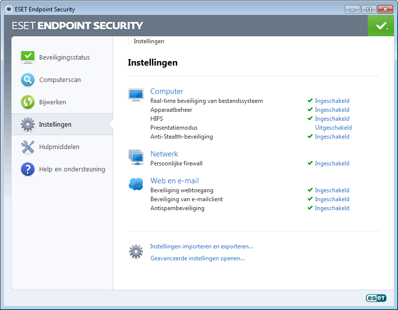 4. Werken met ESET Endpoint Security Met de opties voor het instellen van ESET Endpoint Security kunt u de beveiligingsniveaus van uw computer en netwerk aanpassen.