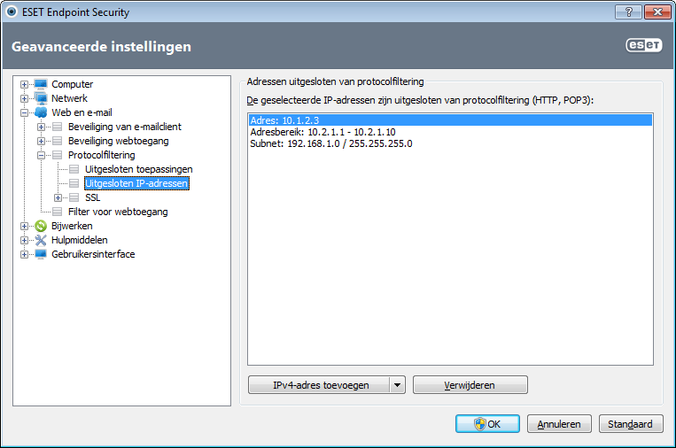 4.3.4.3 Uitgesloten IP-adressen De vermeldingen in de adressenlijst worden uitgesloten van het protocolinhoudsfilter.