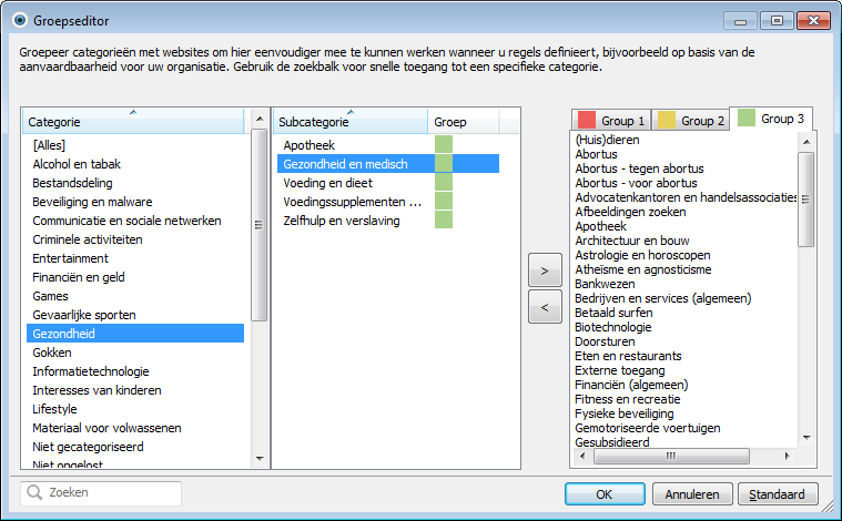 4.4.3 Groepseditor Het venster Groepseditor bestaat uit twee delen. Het rechterdeel van het venster bestaat uit een lijst categorieën en subcategorieën.