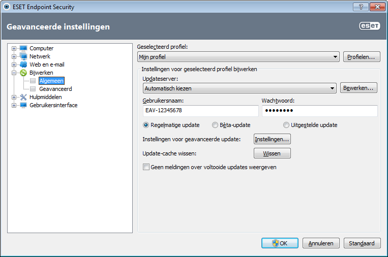 4.5.1 Instellingen voor update Update-instellingen zijn beschikbaar in de structuur van Geavanceerde instellingen (de toets F5) onder Update > Algemeen.