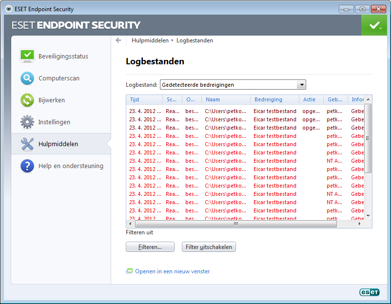 4.6.1 Logbestanden De logbestanden bevatten informatie over alle belangrijke programmagebeurtenissen die zich hebben voorgedaan en bieden een overzicht van gedetecteerde bedreigingen.