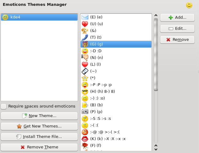 1 Emoticonsthemabeheer 1.1 Inleiding Emoticons kunnen in verschillende KDE-toepassingen gebruikt worden: Kopete, Konversation, KMail.