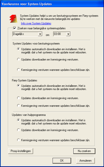 BEHEER VAN DE EX PRINT SERVER 33 2 Selecteer Zoeken naar belangrijke systeemupdates (of System Updates inschakelen in Command WorkStation of WebTools).