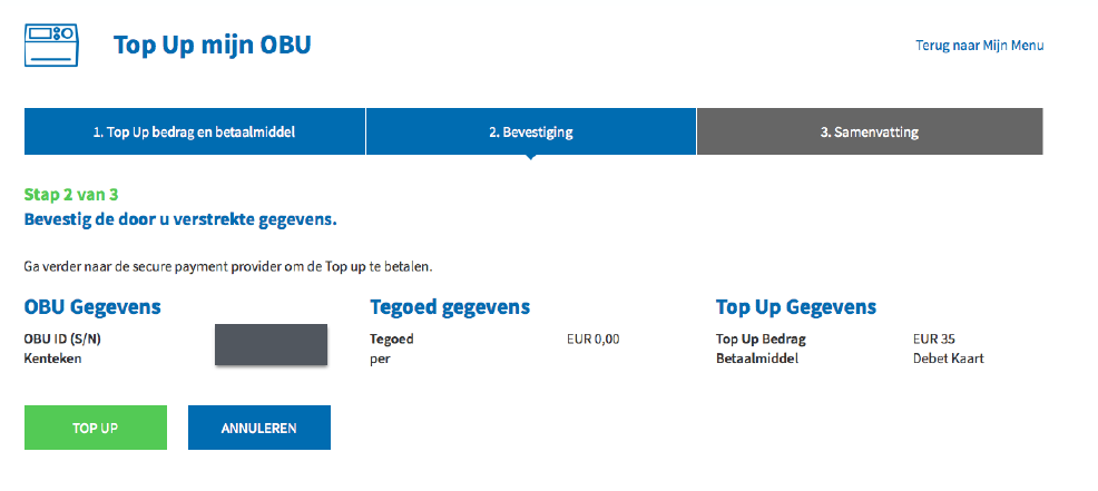 Top up via debetkaart pre-paid (voorafbetaling) 6.d. Vul het top-up bedrag in, selecteer DEBETKAART en klik op VOLGENDE.