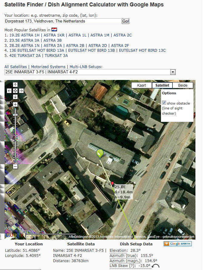 Voer het adres in en klik op Go! Kies de juiste satelliet (25E INMARSAT 3-F5 INMARSAT 4-F2) De groene druppel kan geplaatst worden op een plek waar mogelijk de antenne geplaatst kan worden.