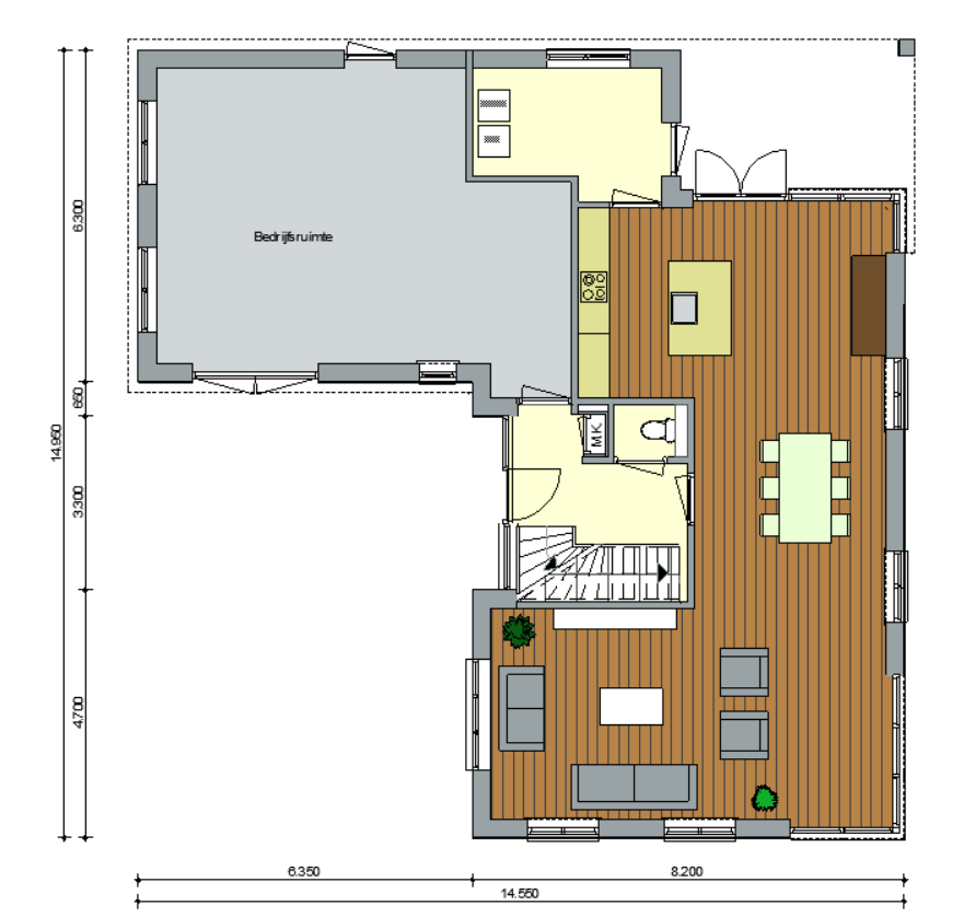 Optie 1 + 3: Begane grond Ruime hal 9,9 m² Woonkamer/keuken 65,7 m² Slaapkamer incl.
