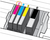 4. Haal de nieuwe cartridge uit de verpakking. 5. Gebruik de kleurcoderingen als leidraad en schuif de cartridge in de lege sleuf tot deze stevig vastzit.