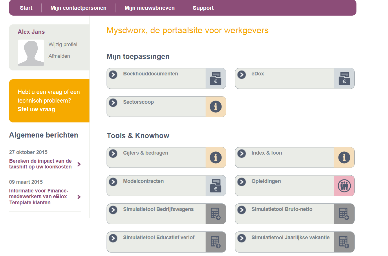 Eenmaal aangelogd, komt u op onderstaand scherm: Bij Mijn toepassingen vindt u Boekhouddocumenten en edox.