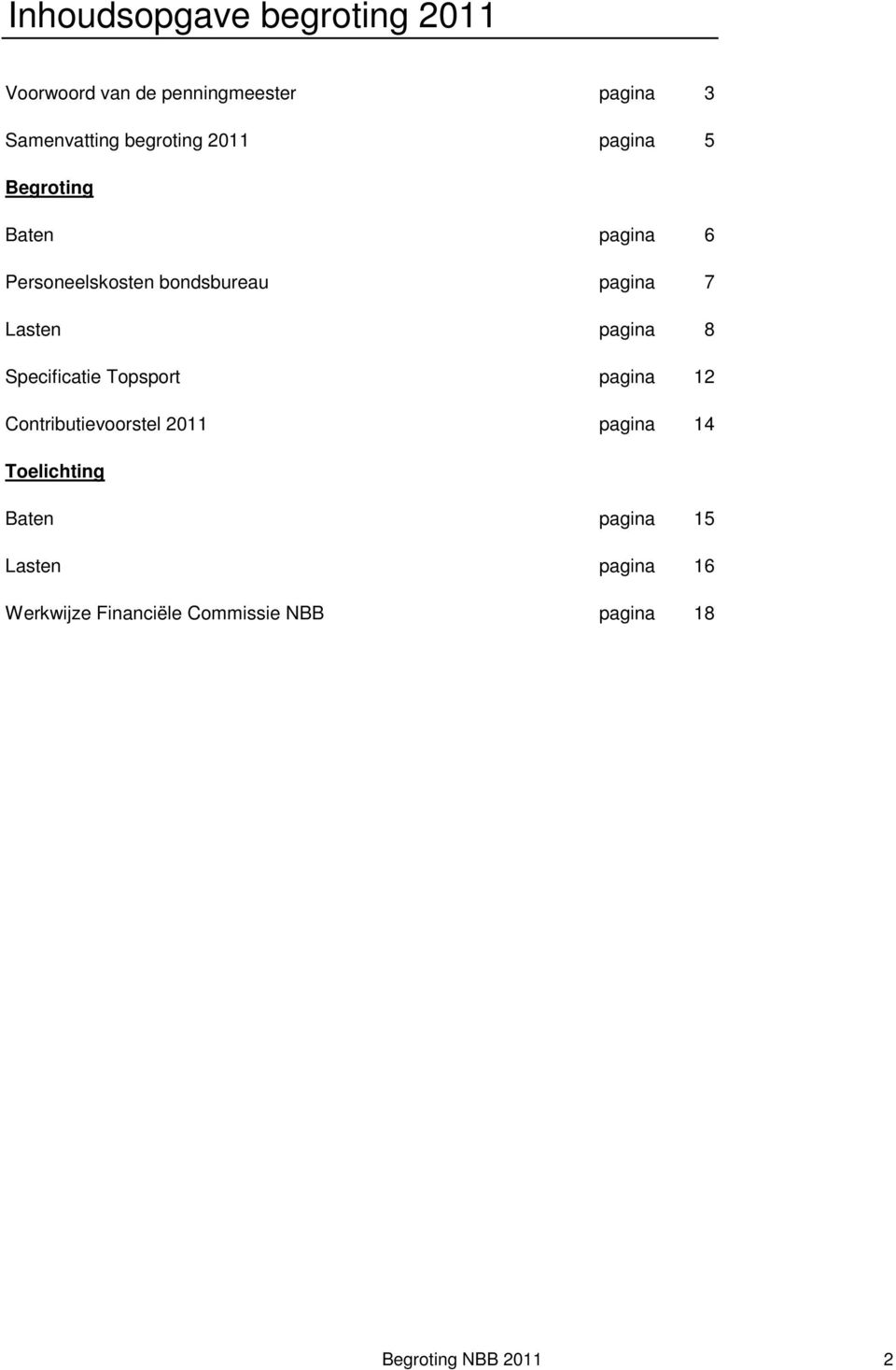 Lasten pagina 8 Specificatie Topsport pagina 12 Contributievoorstel 2011 pagina 14