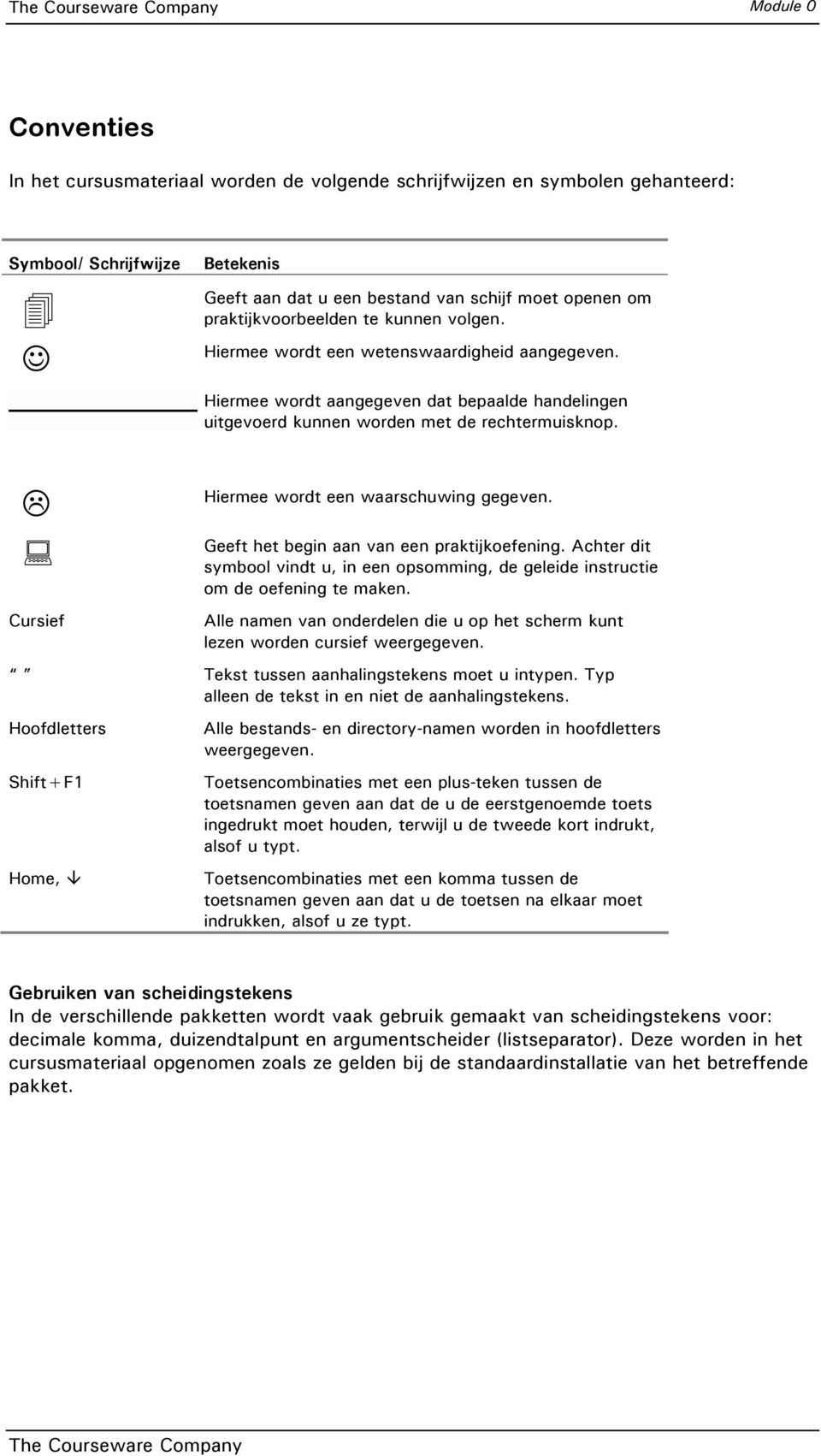 Cursief Hiermee wordt een waarschuwing gegeven. Geeft het begin aan van een praktijkoefening. Achter dit symbool vindt u, in een opsomming, de geleide instructie om de oefening te maken.