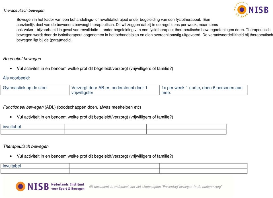 Therapeutisch bewegen wordt door de fysiotherapeut opgenomen in het behandelplan en dien overeenkomstig uitgevoerd. De verantwoordelijkheid bij therapeutisch bewegen ligt bij de (para)medici.