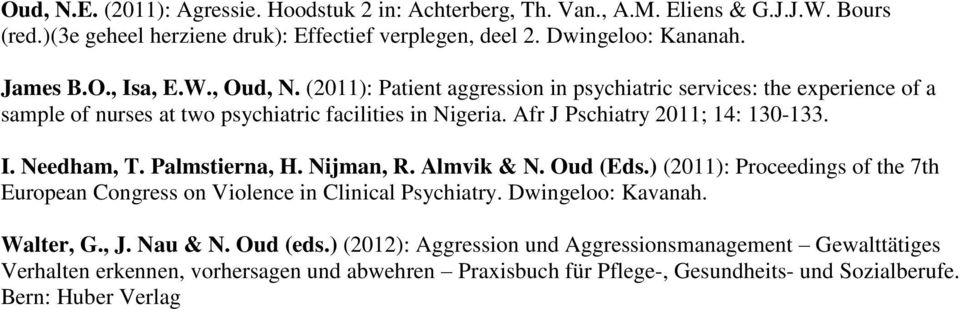 Needham, T. Palmstierna, H. Nijman, R. Almvik & N. Oud (Eds.) (2011): Proceedings of the 7th European Congress on Violence in Clinical Psychiatry. Dwingeloo: Kavanah. Walter, G., J.