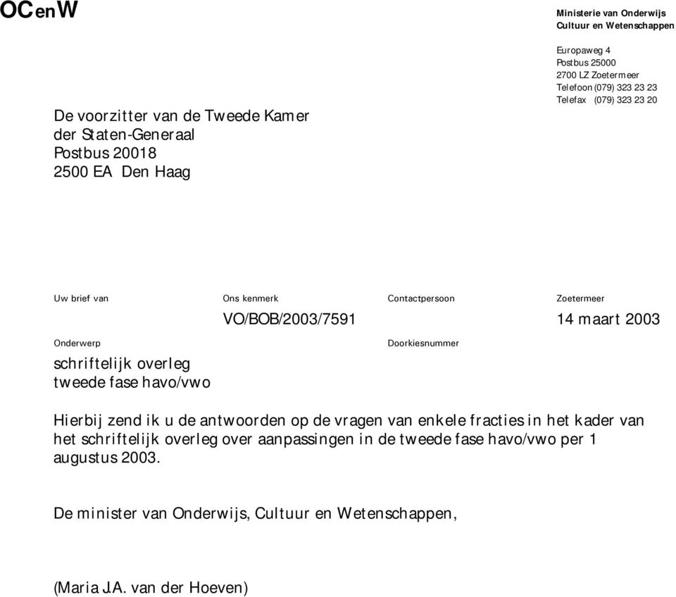 2003 Onderwerp schriftelijk overleg tweede fase havo/vwo Doorkiesnummer Hierbij zend ik u de antwoorden op de vragen van enkele fracties in het kader van het