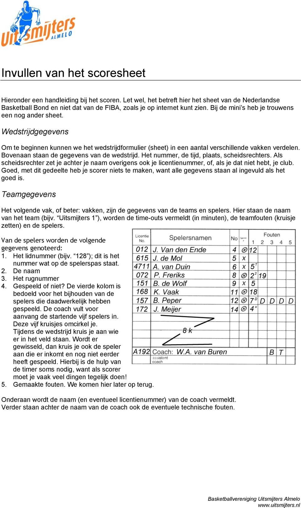 Bovenaan staan de gegevens van de wedstrijd. Het nummer, de tijd, plaats, scheidsrechters. Als scheidsrechter zet je achter je naam overigens ook je licentienummer, of, als je dat niet hebt, je club.