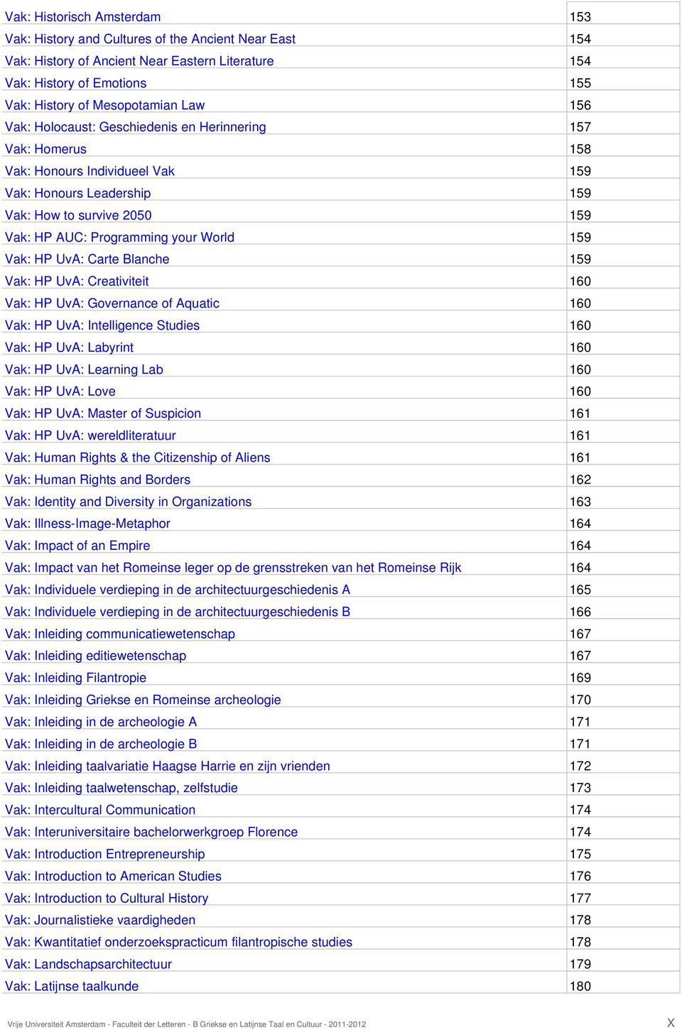 Vak: HP UvA: Carte Blanche 159 Vak: HP UvA: Creativiteit 160 Vak: HP UvA: Governance of Aquatic 160 Vak: HP UvA: Intelligence Studies 160 Vak: HP UvA: Labyrint 160 Vak: HP UvA: Learning Lab 160 Vak: