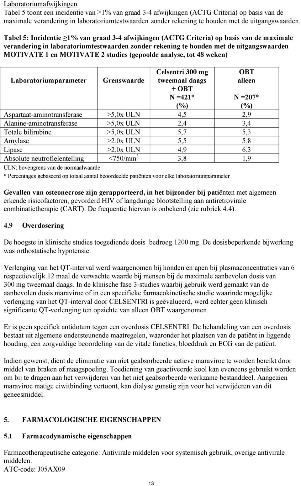 Tabel 5: Incidentie 1% van graad 3-4 afwijkingen (ACTG Criteria) op basis van de maximale verandering in laboratoriumtestwaarden zonder rekening te houden met de uitgangswaarden MOTIVATE 1 en