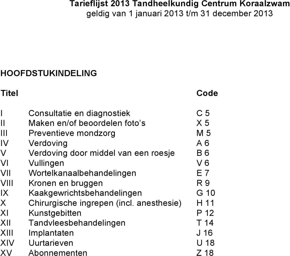 B 6 VI Vullingen V 6 VII Wortelkanaalbehandelingen E 7 VIII Kronen en bruggen R 9 IX Kaakgewrichtsbehandelingen G 10 X Chirurgische ingrepen