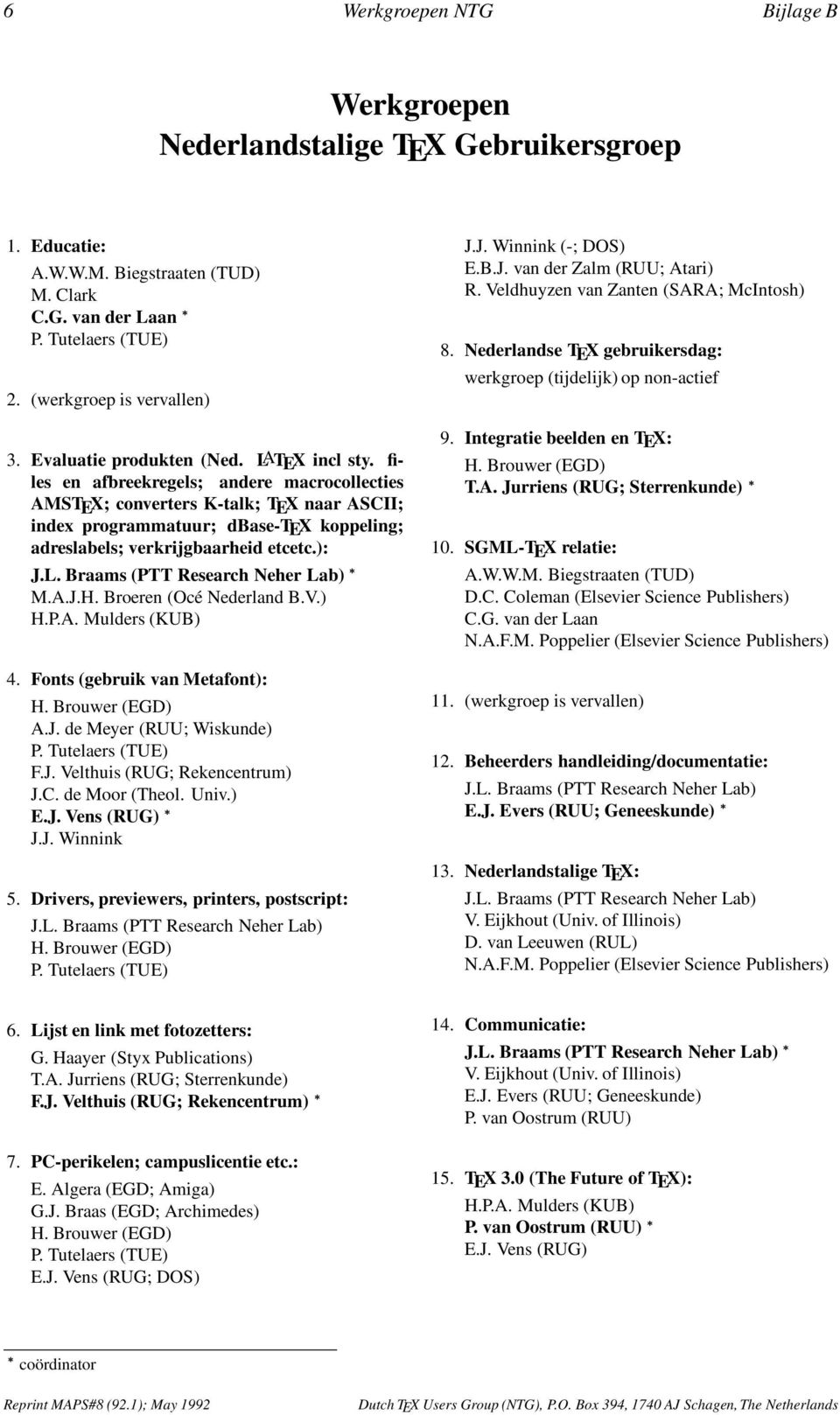 files en afbreekregels; andere macrocollecties AMSTEX; converters K-talk; TEX naar ASCII; index programmatuur; dbase-tex koppeling; adreslabels; verkrijgbaarheid etcetc.): J.L.