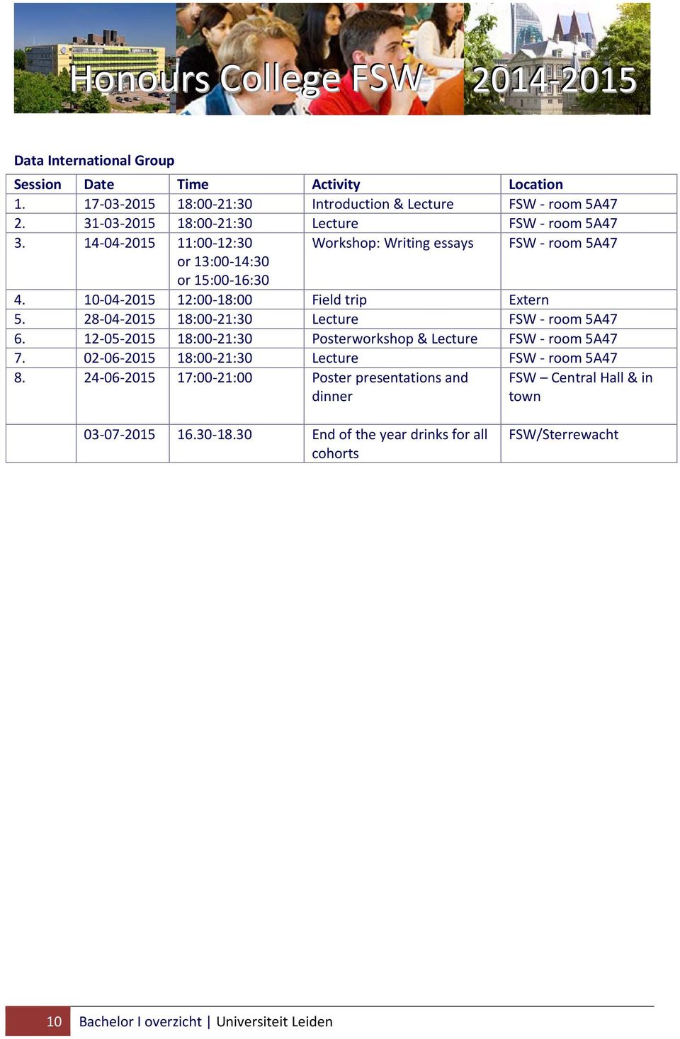 10-04-2015 12:00-18:00 Field trip Extern 5. 28-04-2015 18:00-21:30 Lecture FSW - room 5A47 6. 12-05-2015 18:00-21:30 Posterworkshop & Lecture FSW - room 5A47 7.