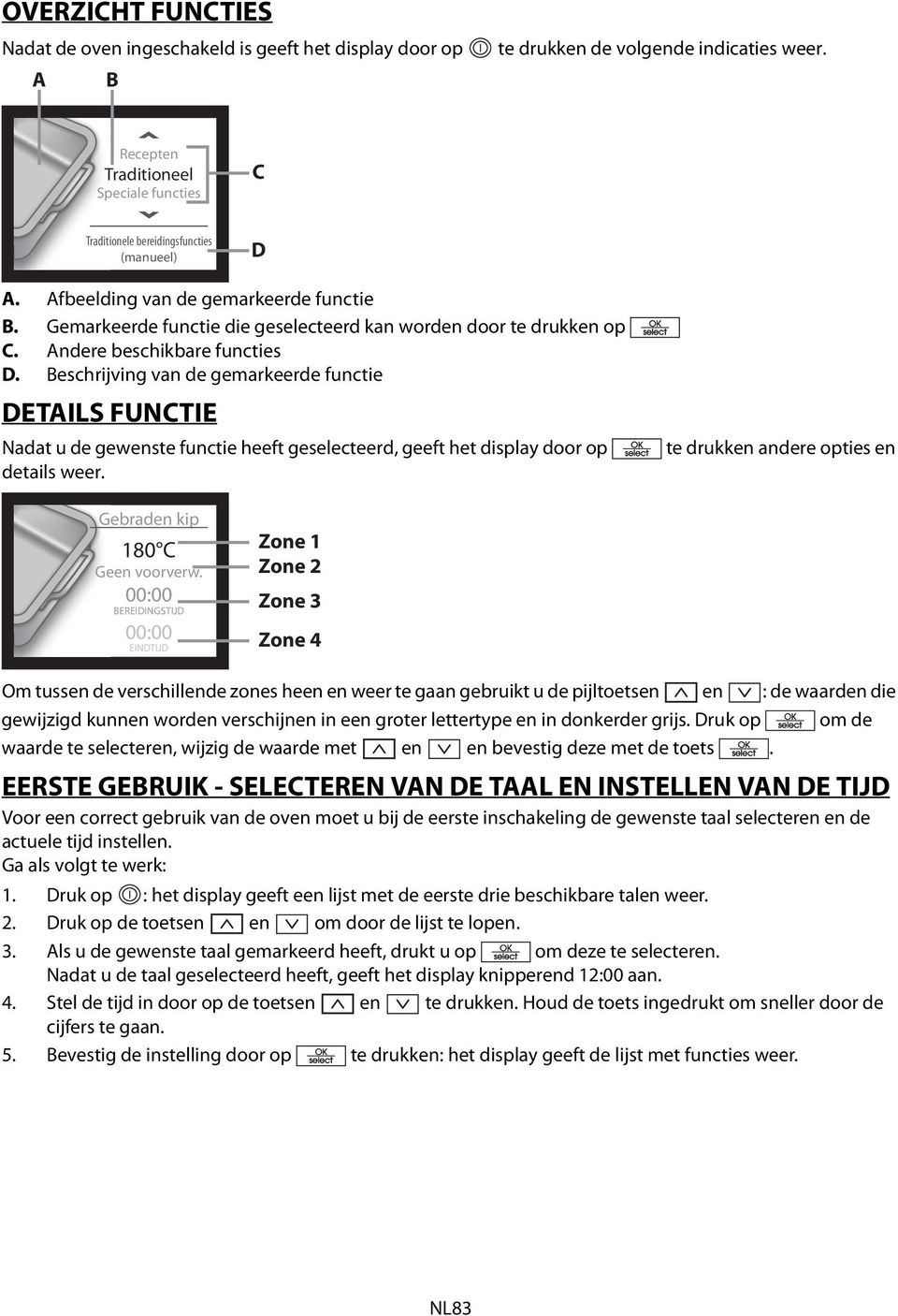 Beschrijving van de gemarkeerde functie DETAILS FUNCTIE Nadat u de gewste functie heeft geselecteerd, geeft het display door op details weer. te drukk andere opties Gebrad kip Ge voorverw.