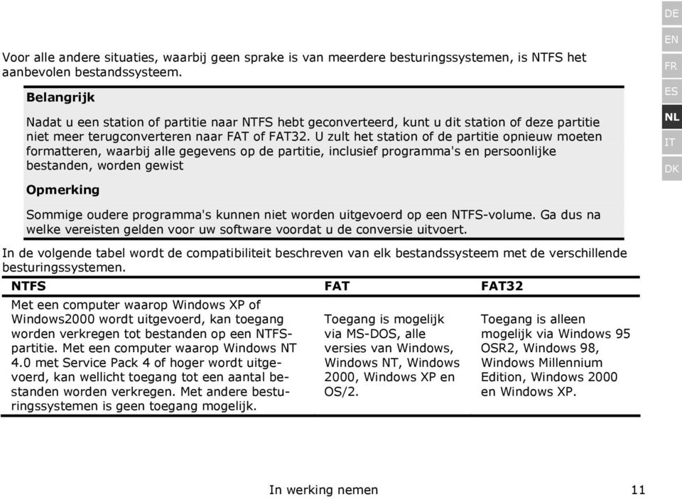 U zult het station of de partitie opnieuw moeten formatteren, waarbij alle gegevens op de partitie, inclusief programma's en persoonlijke bestanden, worden gewist Opmerking EN FR ES NL IT DK Sommige