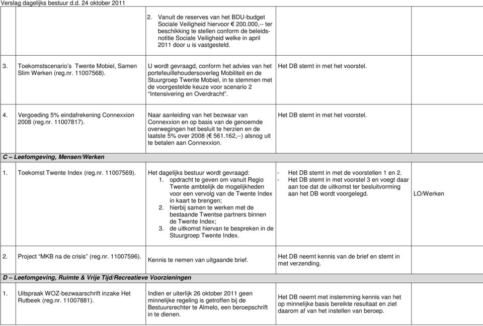 U wordt gevraagd, conform het advies van het portefeuillehoudersoverleg Mobiliteit en de Stuurgroep Twente Mobiel, in te stemmen met de voorgestelde keuze voor scenario 2 Intensivering en Overdracht.