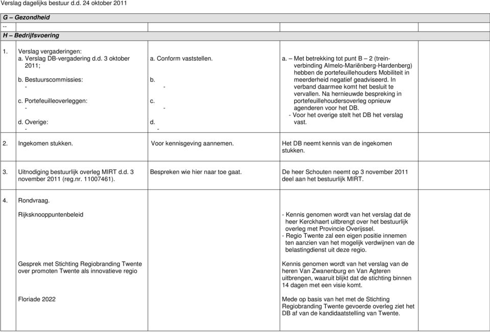 Conform vaststellen. b. c. d. a. Met betrekking tot punt B 2 (treinverbinding AlmeloMariënbergHardenberg) hebben de portefeuillehouders Mobiliteit in meerderheid negatief geadviseerd.