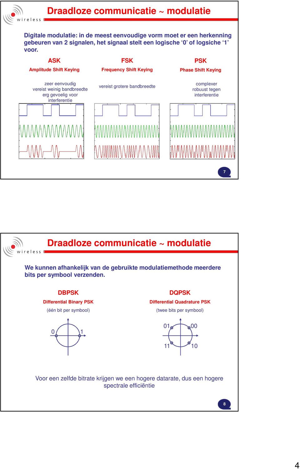 robuust tegen interferentie 7 Draadloze communicatie ~ modulatie We kunnen afhankelijk van de gebruikte modulatiemethode meerdere bits per symbool verzenden.