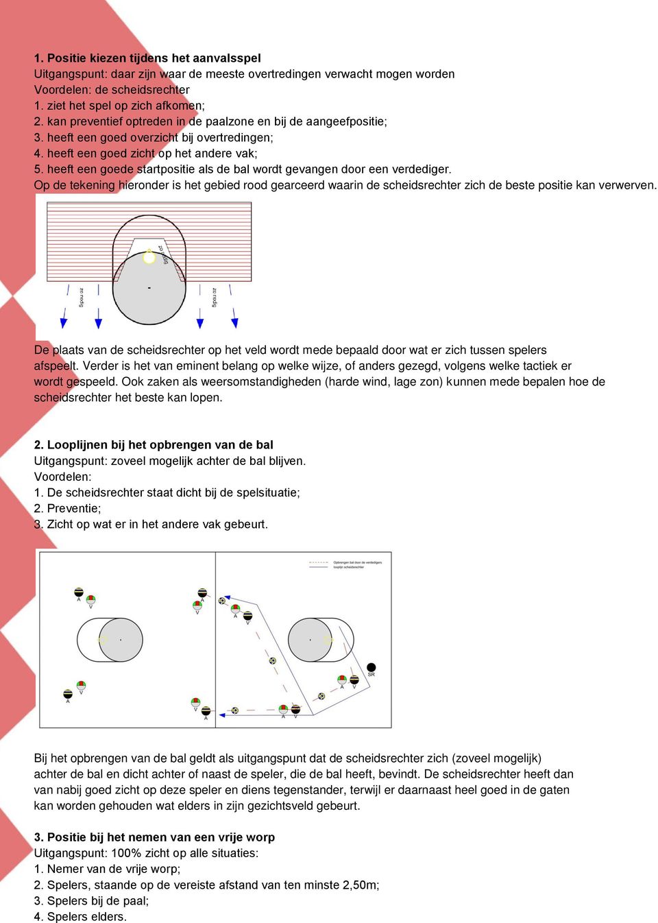 heeft een goede startpositie als de bal wordt gevangen door een verdediger. Op de tekening hieronder is het gebied rood gearceerd waarin de scheidsrechter zich de beste positie kan verwerven.