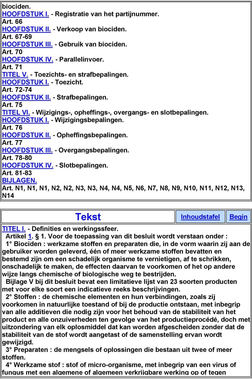 Art. 76 HOOFDSTUK II. - Opheffingsbepalingen. Art. 77 HOOFDSTUK III. - Overgangsbepalingen. Art. 78-80 HOOFDSTUK IV. - Slotbepalingen. Art. 81-83 BIJLAGEN. Art. N1, N1, N1, N2, N2, N3, N3, N4, N4, N5, N6, N7, N8, N9, N10, N11, N12, N13, N14 Tekst Inhoudstafel Begin TITEL I.