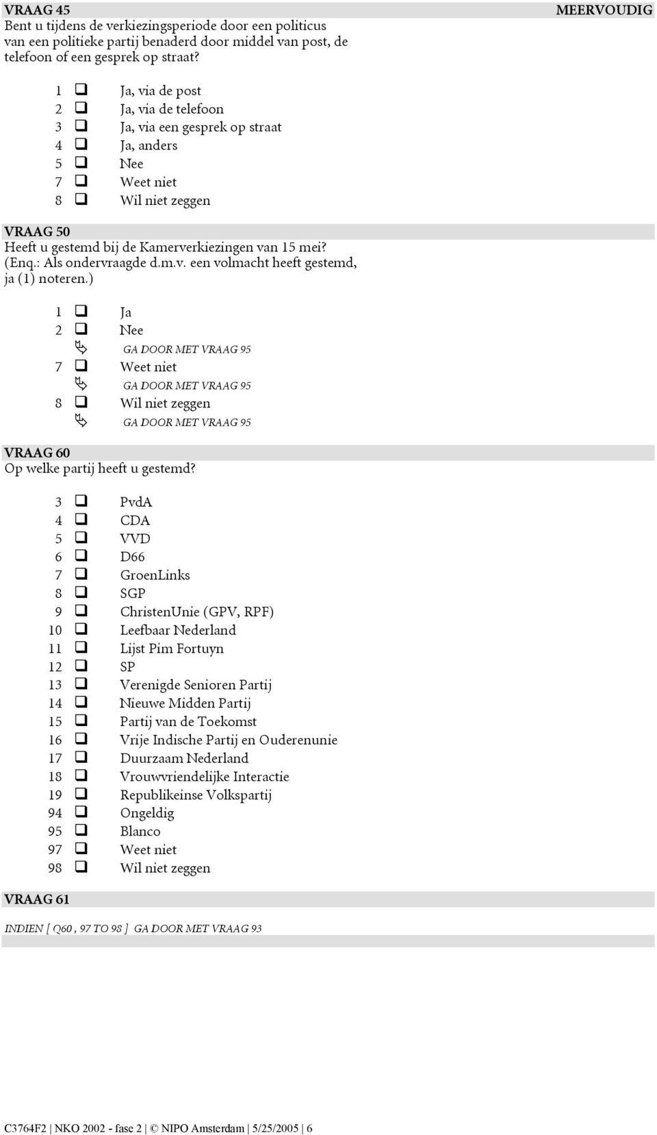 ) 1 Ja 2 Nee GA DOOR MET VRAAG 95 GA DOOR MET VRAAG 95 GA DOOR MET VRAAG 95 VRAAG 60 Op welke partij heeft u gestemd?