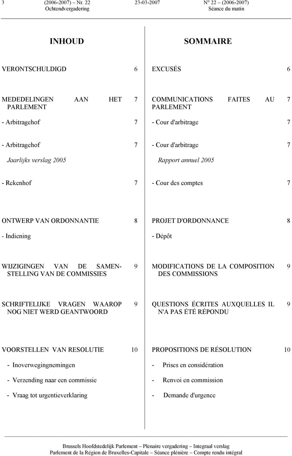 Jaarlijks verslag 2005 7 - Cour d'arbitrage Rapport annuel 2005 7 - Rekenhof 7 - Cour des comptes 7 ONTWERP VAN ORDONNANTIE - Indiening 8 PROJET D'ORDONNANCE - Dépôt 8 WIJZIGINGEN VAN DE SAMEN-