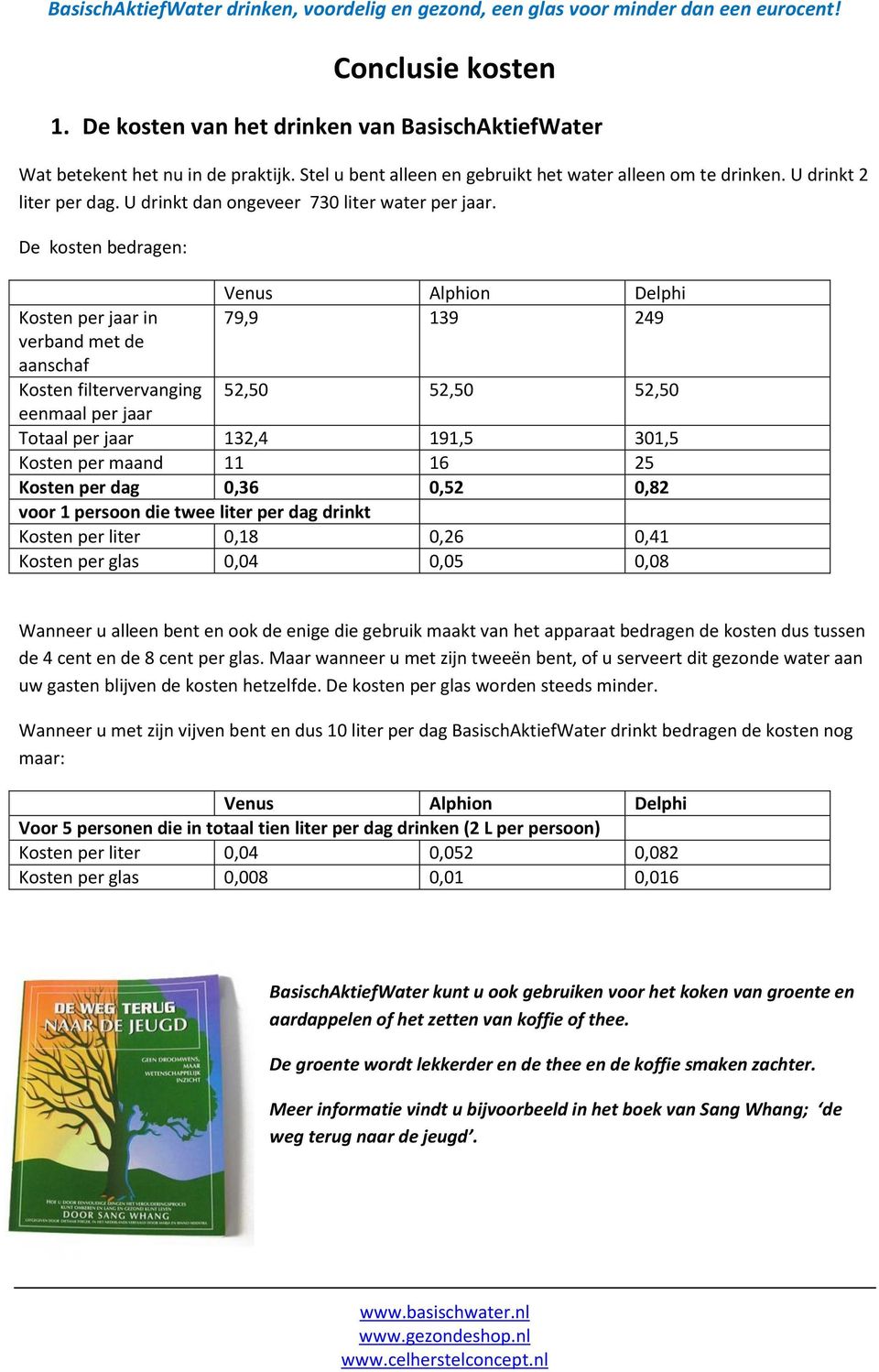 De kosten bedragen: Kosten per jaar in verband met de aanschaf Kosten filtervervanging Venus Alphion Delphi 79,9 139 249 52,50 52,50 52,50 eenmaal per jaar Totaal per jaar 132,4 191,5 301,5 Kosten