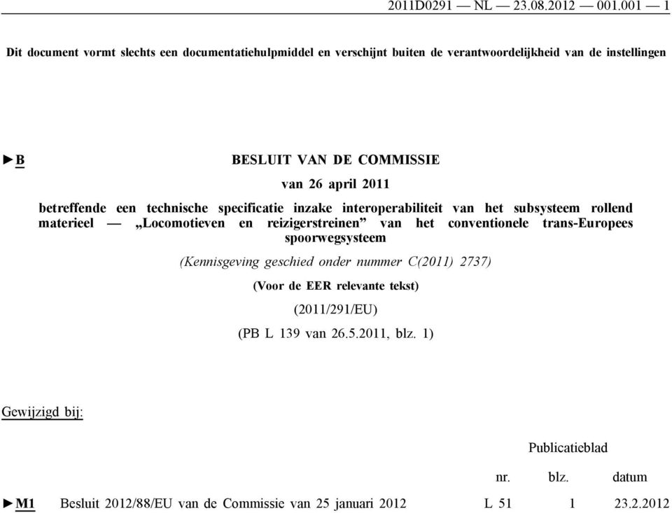 april 2011 betreffende een technische specificatie inzake interoperabiliteit van het subsysteem rollend materieel Locomotieven en reizigerstreinen van het