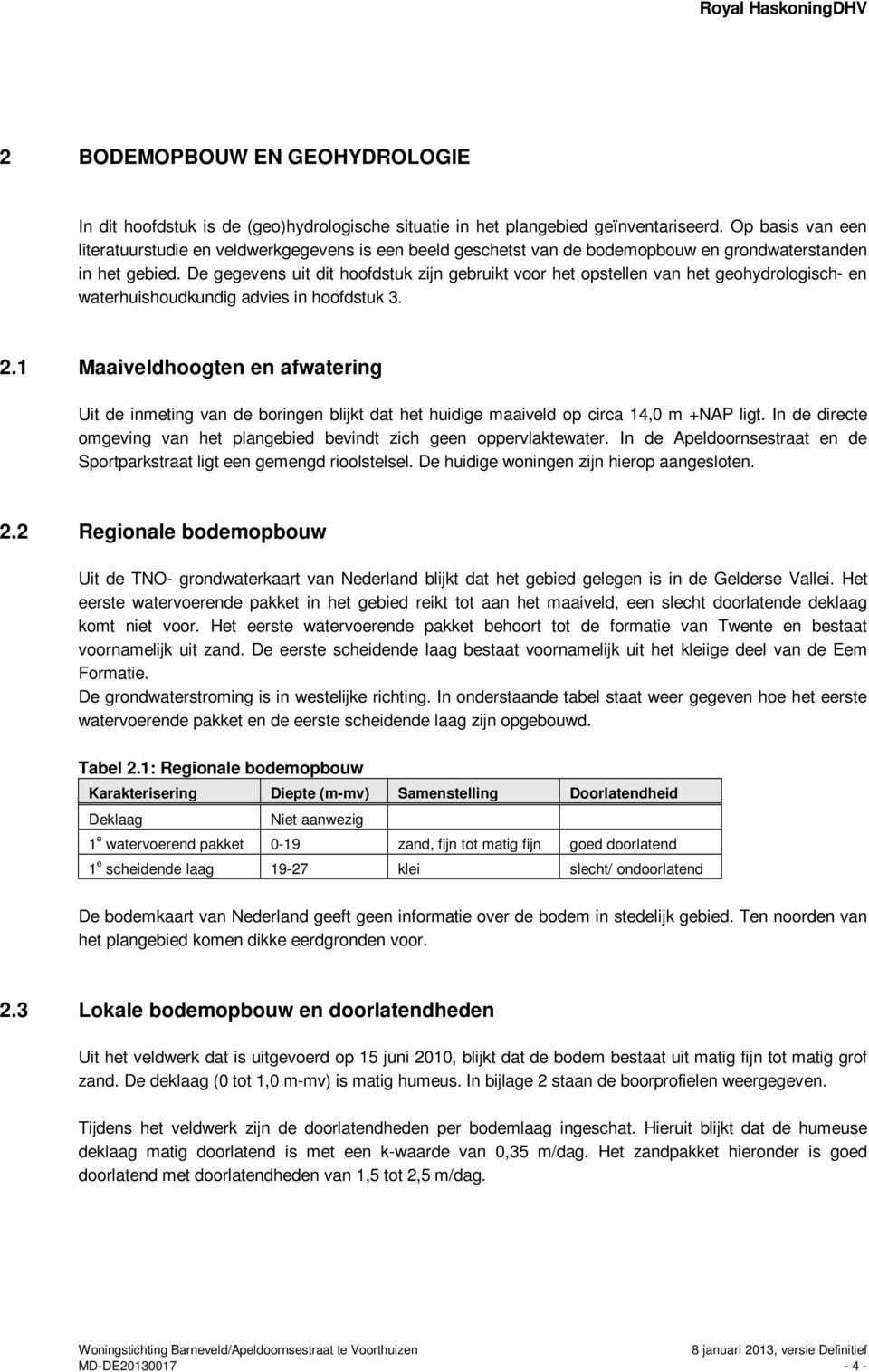 De gegevens uit dit hoofdstuk zijn gebruikt voor het opstellen van het geohydrologisch- en waterhuishoudkundig advies in hoofdstuk 3. 2.