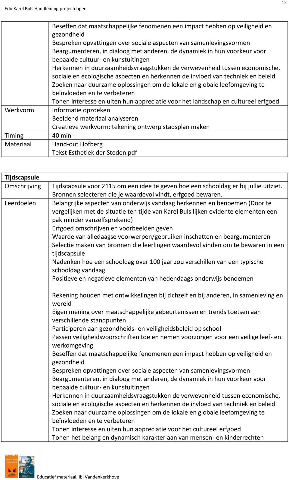 appreciatie voor het landschap en cultureel erfgoed Informatie opzoeken Beeldend materiaal analyseren Creatieve werkvorm: tekening ontwerp stadsplan maken 40 min Hand-out Hofberg Tekst Esthetiek der